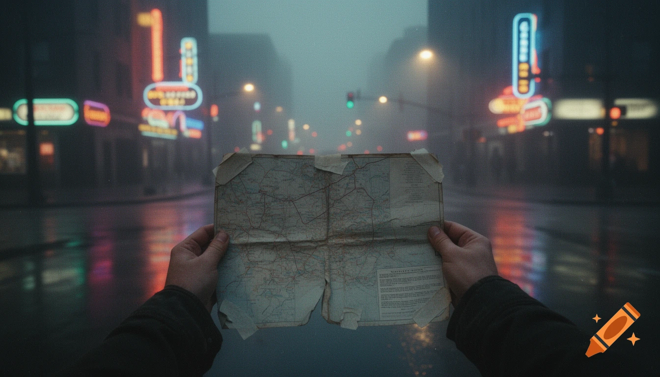 Hands hold a torn map on a foggy, rain-slicked city street at night, with blurred neon signs reflecting on the wet ground.