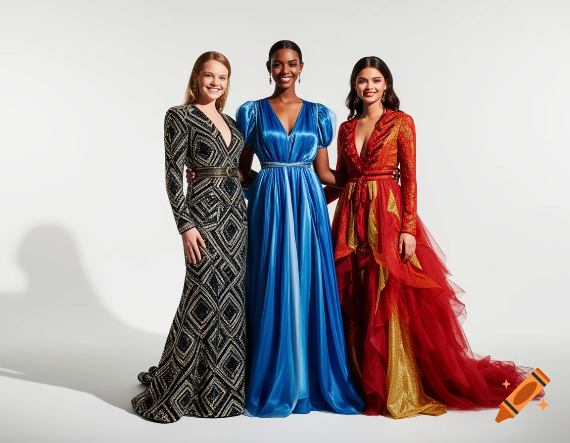 Three smiling women in ornate designer dresses: black and gold, blue, and red and gold, posing against a white background.