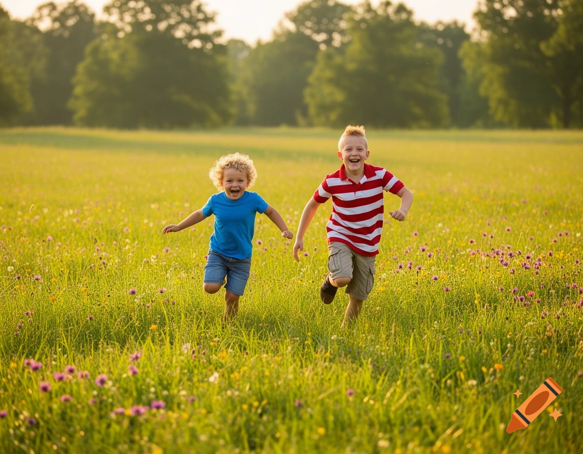 Two happy young boys run through a sunlit field filled with green grass and wildflowers, with trees in the background.