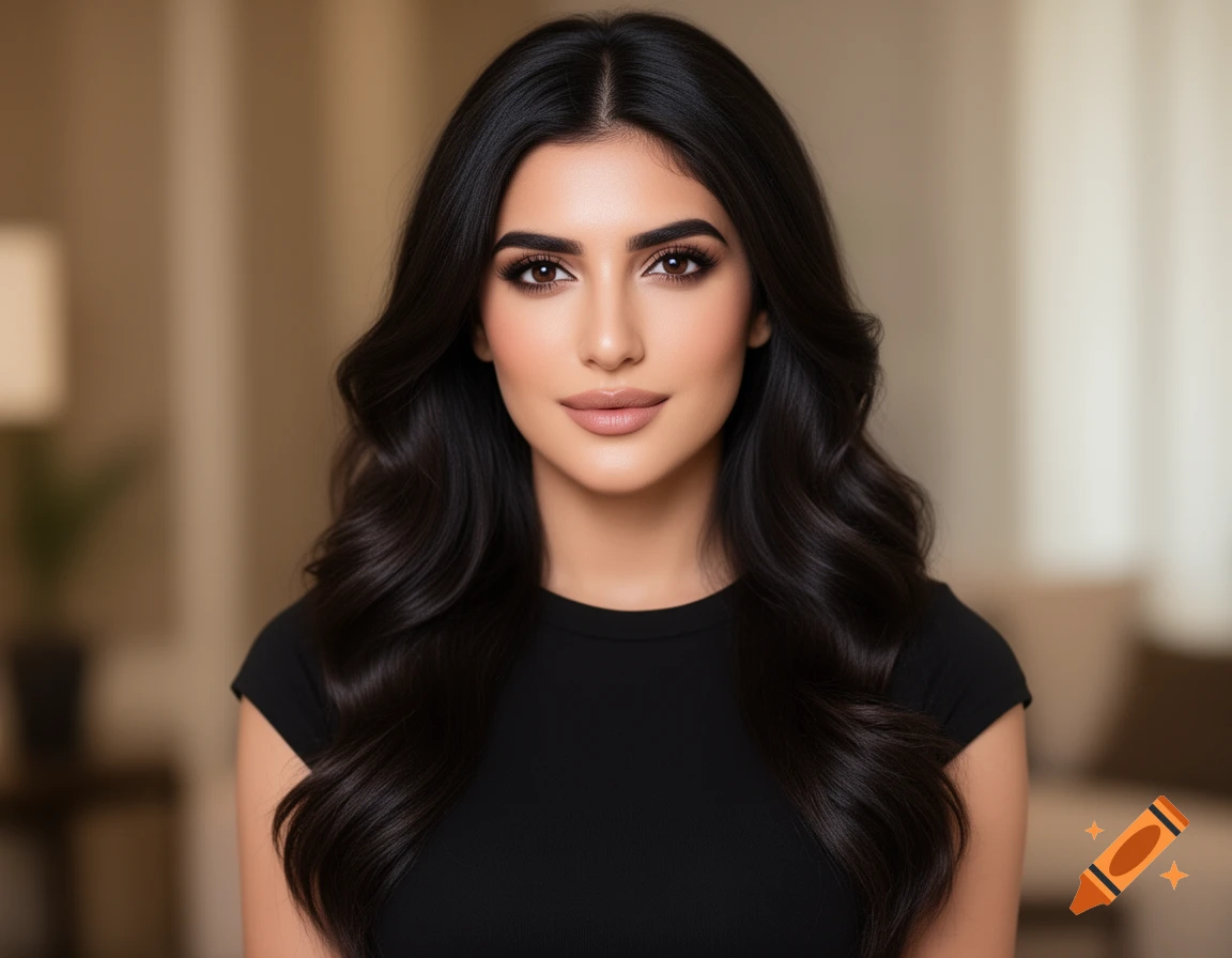 Photorealistic portrait of a woman with long, dark wavy hair and light makeup looking directly forward.