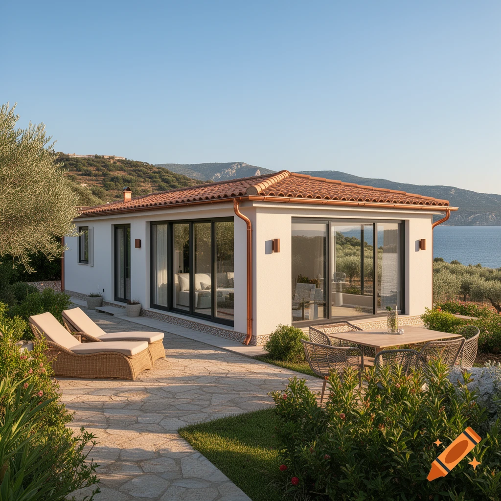 A photorealistic Mediterranean-style house with a terracotta roof, glass doors, and a stone patio with outdoor furniture, overlooking the sea and hills.