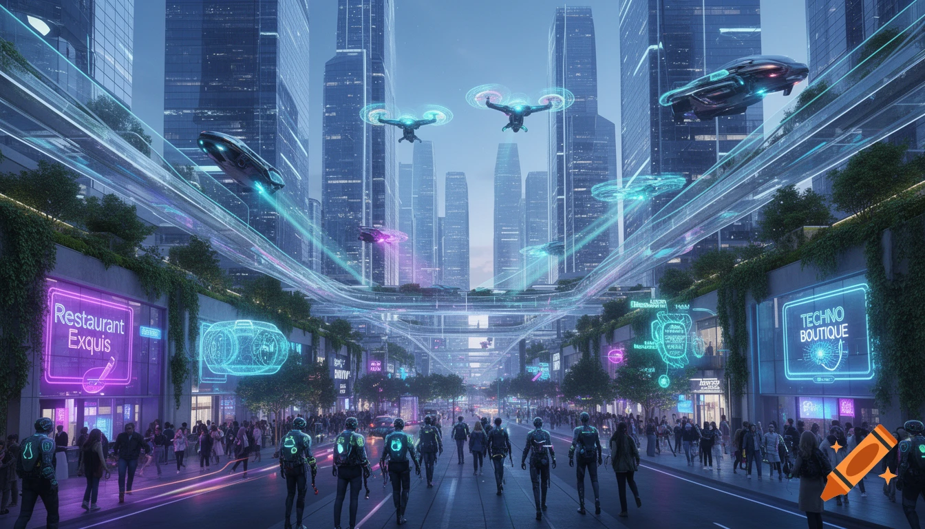 A vibrant, futuristic city street scene at dusk, with towering skyscrapers, flying vehicles, glowing light trails, and pedestrians.