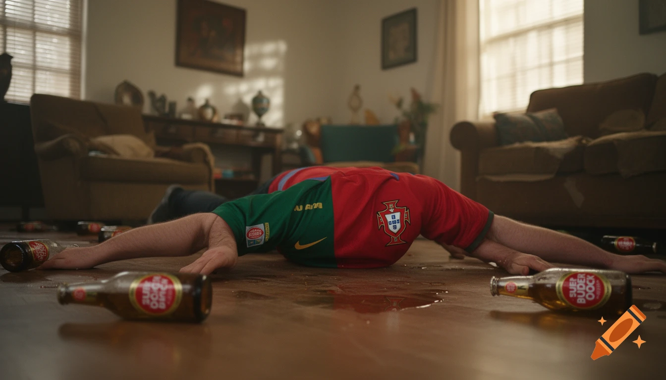 A person in a red and green Portugal football jersey lies face down on a wooden living room floor amidst spilled beer bottles and liquid.