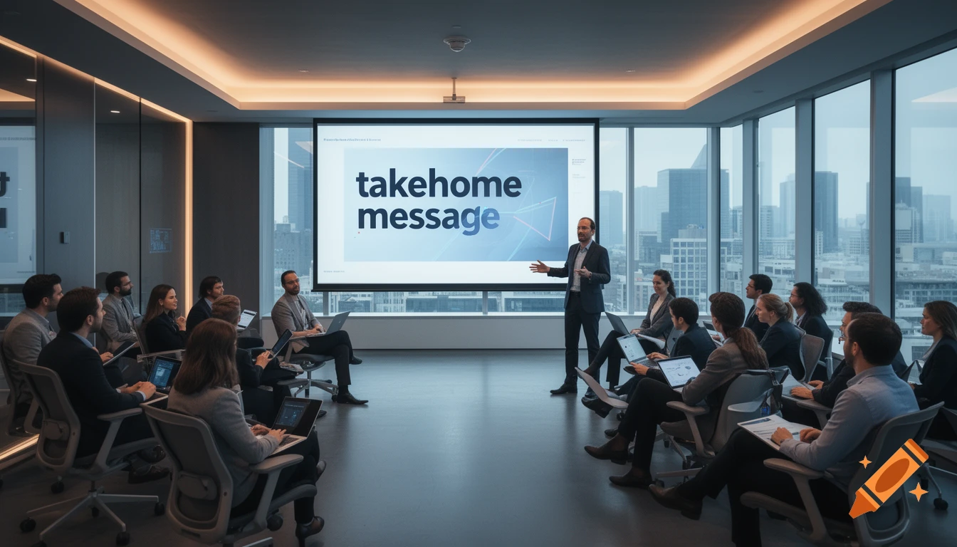 A business presentation in a modern conference room overlooking a city skyline, with a speaker and professionals watching a screen displaying "takehome message".