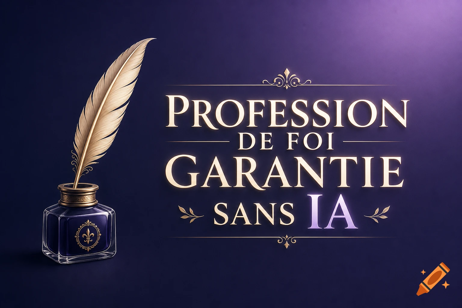 A golden quill in a glass inkwell beside the elegant gold text 'PROFESSION DE FOI GARANTIE SANS IA' on a dark purple background.