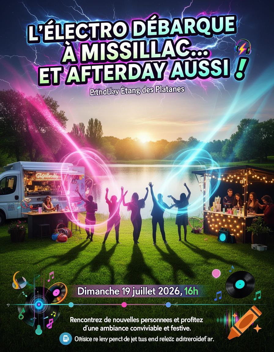 A vibrant poster shows people dancing at an outdoor electro music event by a lake at sunset, with food trucks and glowing lights.