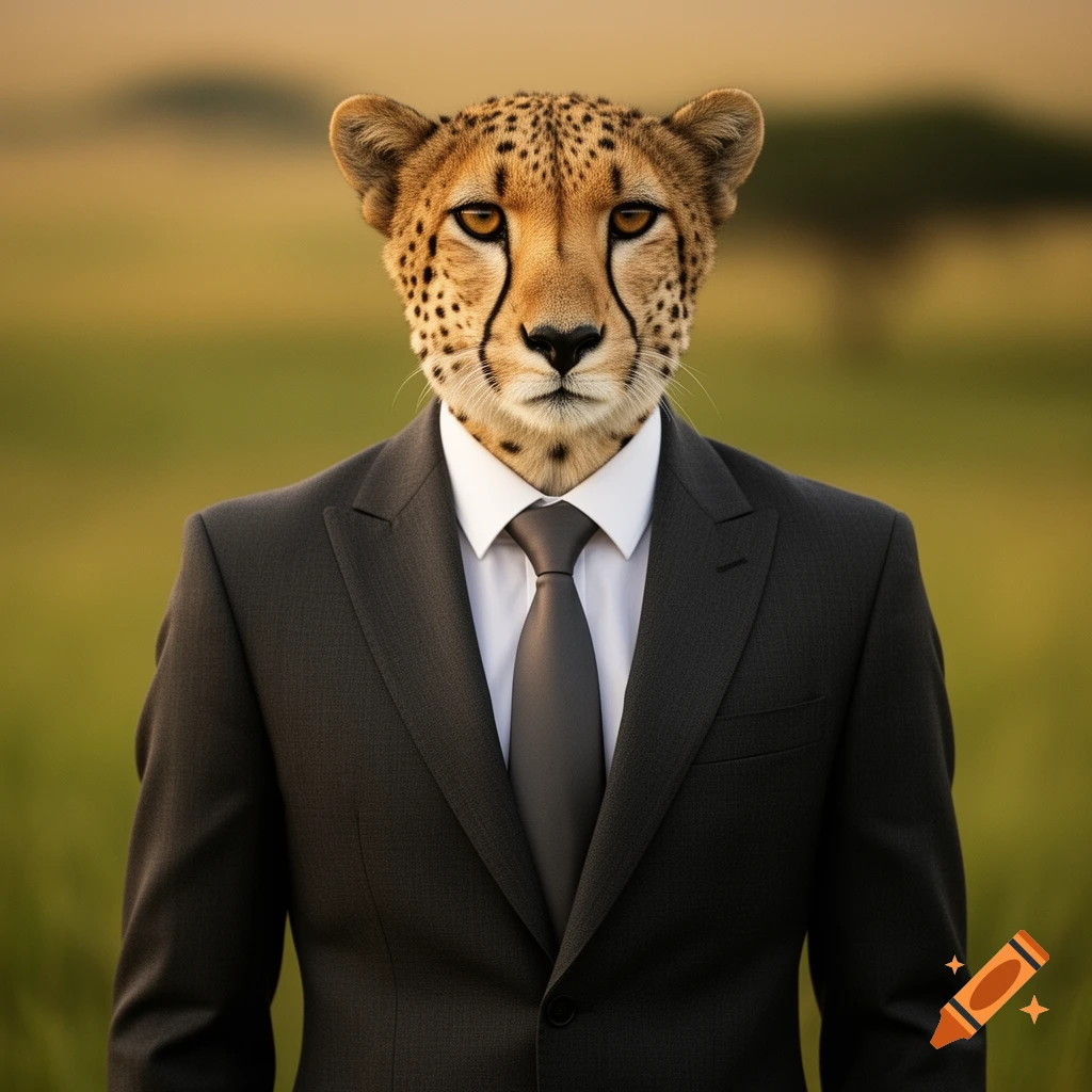 Photorealistic cheetah head on a body in a dark business suit and tie, standing in a blurred savanna.
