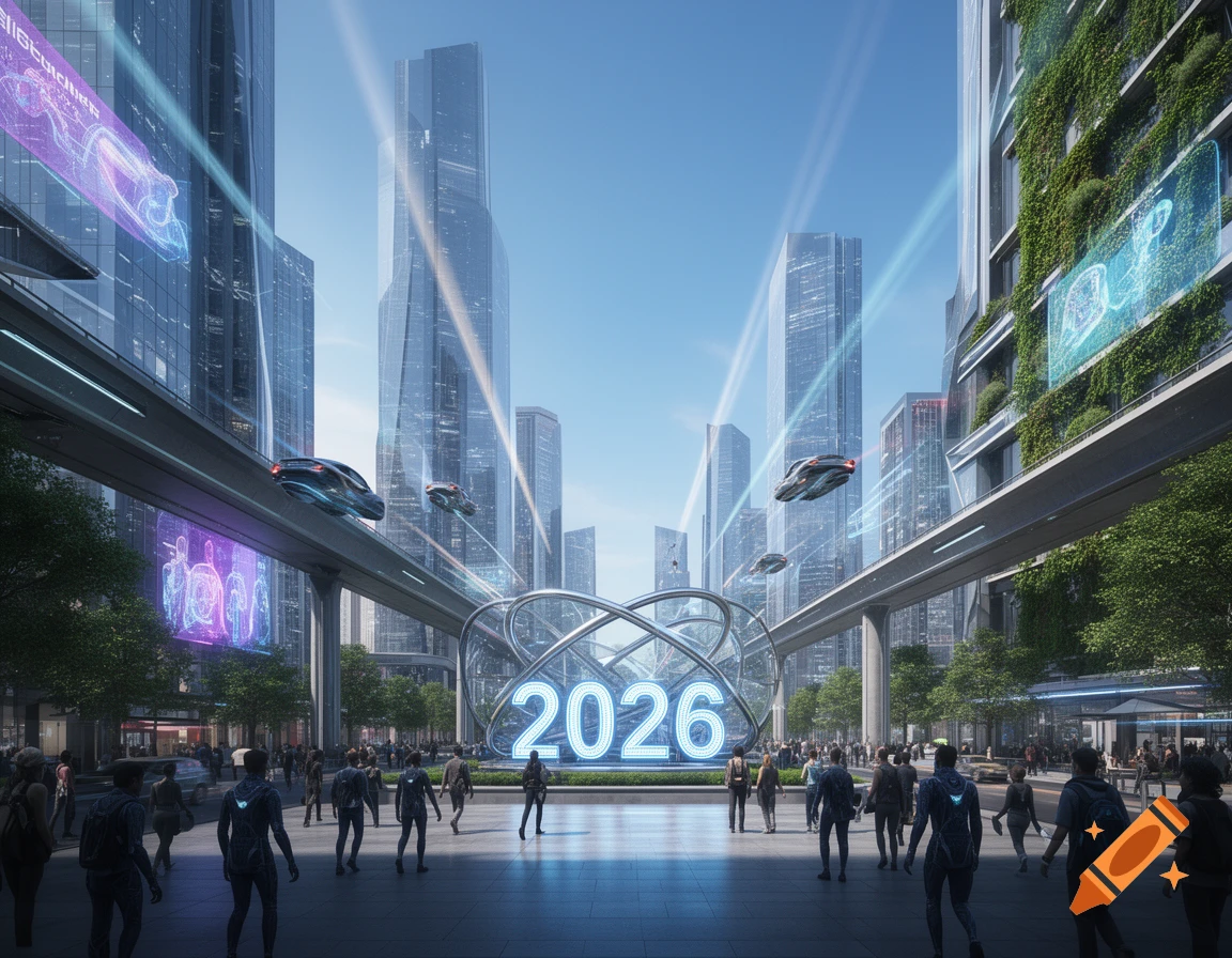 A futuristic city with sleek skyscrapers, elevated tracks with flying vehicles, and a large glowing "2026" sculpture. People walk on the streets below.