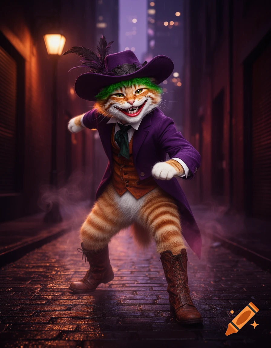 Photorealistic image of a cat dressed as the Joker, with a purple hat, green hair, wide smile, purple suit, and brown boots, standing in a dark, wet alley.
