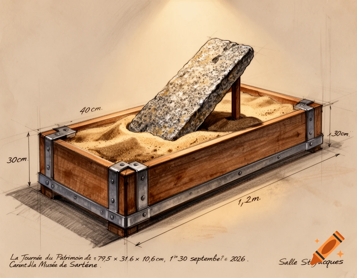 A technical sketch depicts a granite stele resting on sand in a rectangular wooden box with metal banding and labeled dimensions.