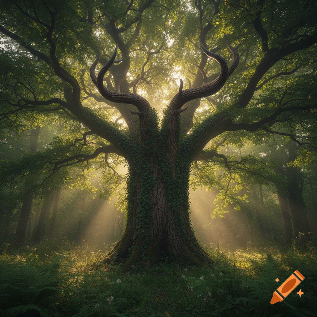 A giant, gnarled tree with horn-like branches stands in a sun-drenched, misty forest with rays of light.