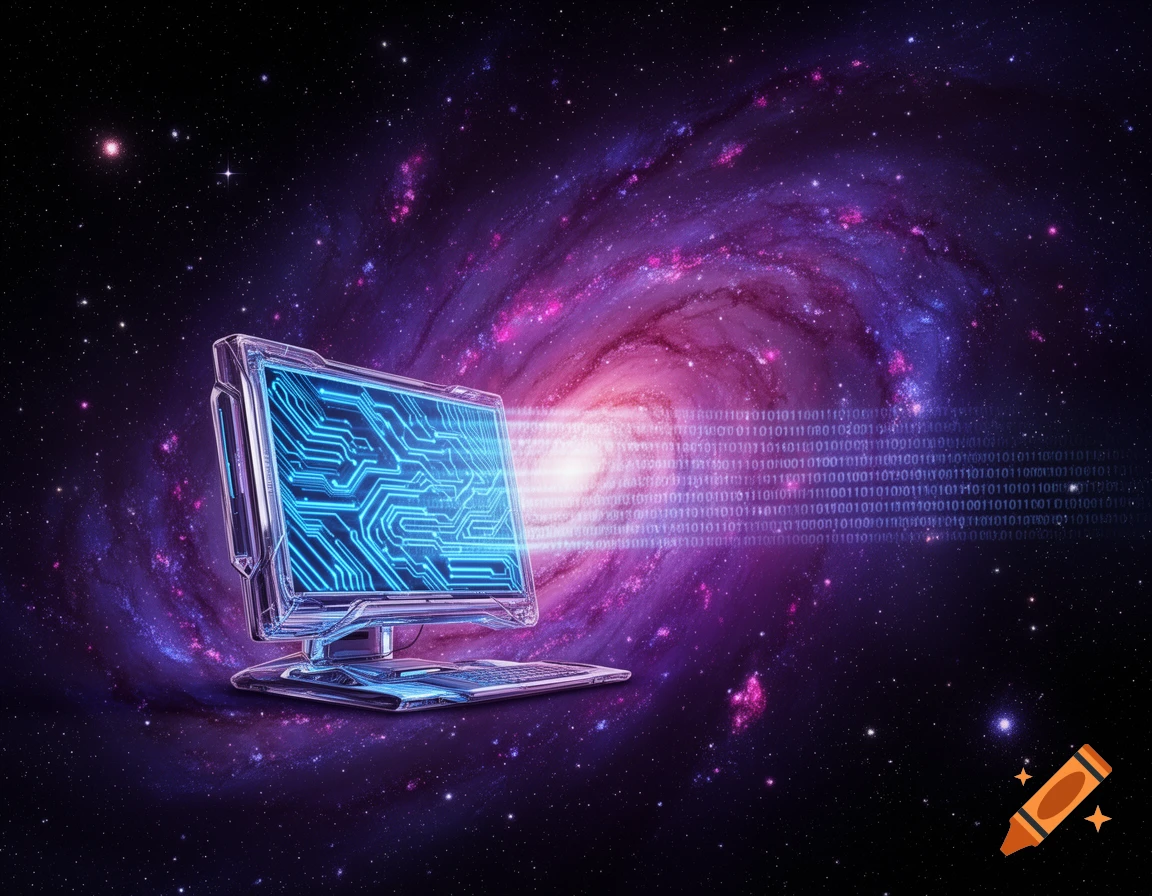 A futuristic computer with a glowing circuit board screen sends binary code into a vibrant purple and pink galaxy in deep space.