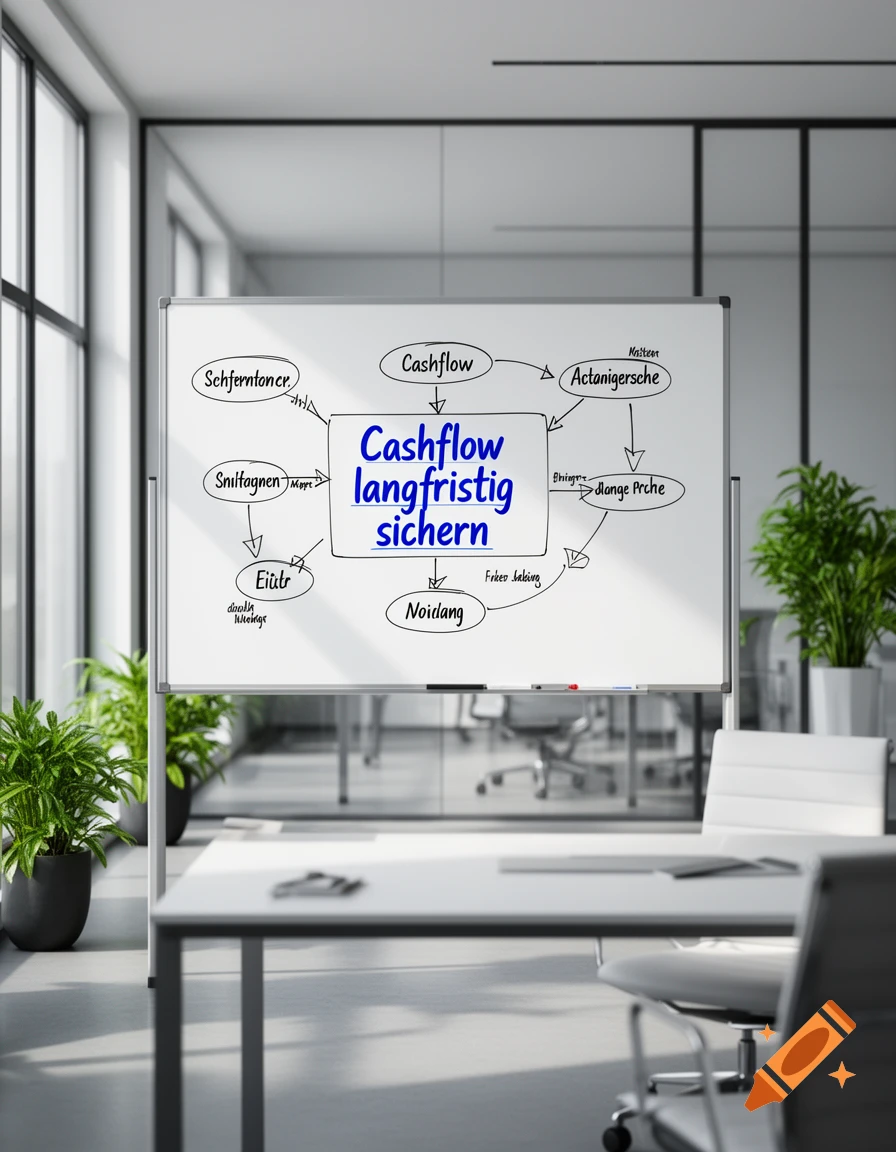A modern office space featuring a whiteboard with a diagram. The central text on the whiteboard, in blue, reads "Cashflow langfristig sichern".