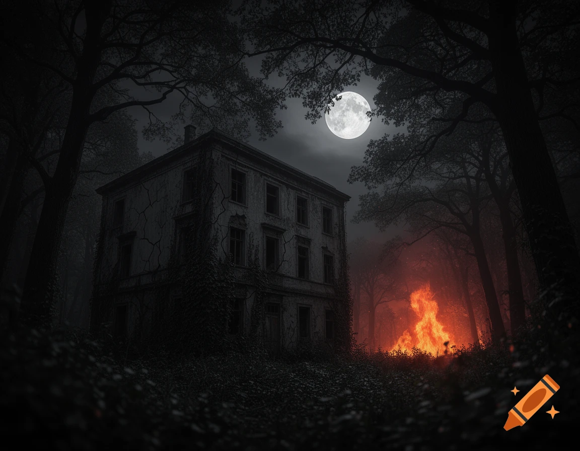 A dilapidated three-story building in a dark forest at night, illuminated by a full moon and a large distant fire.