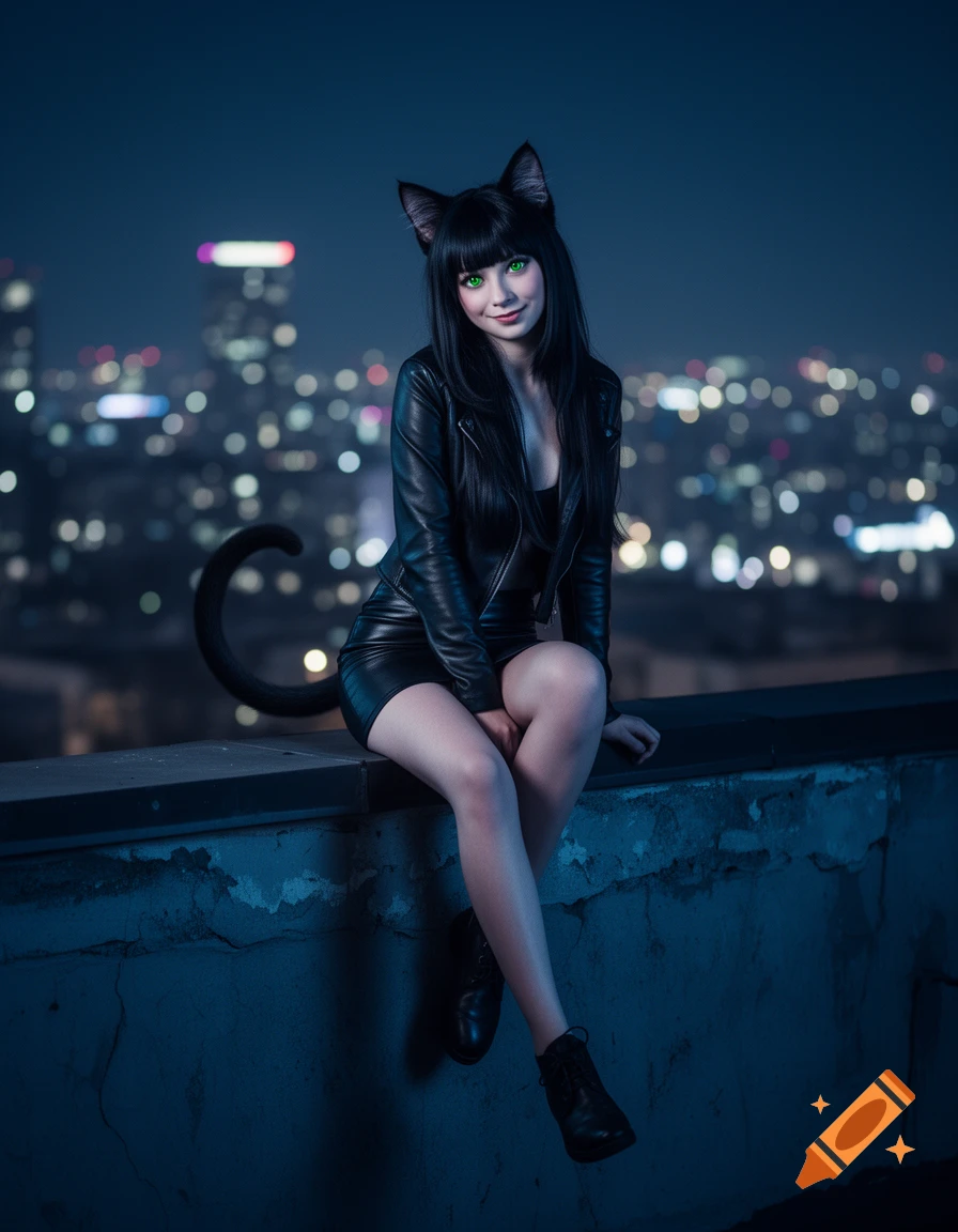 A woman in a black leather catgirl costume with glowing green eyes sits on a rooftop ledge at night, with a blurred city skyline in the background.