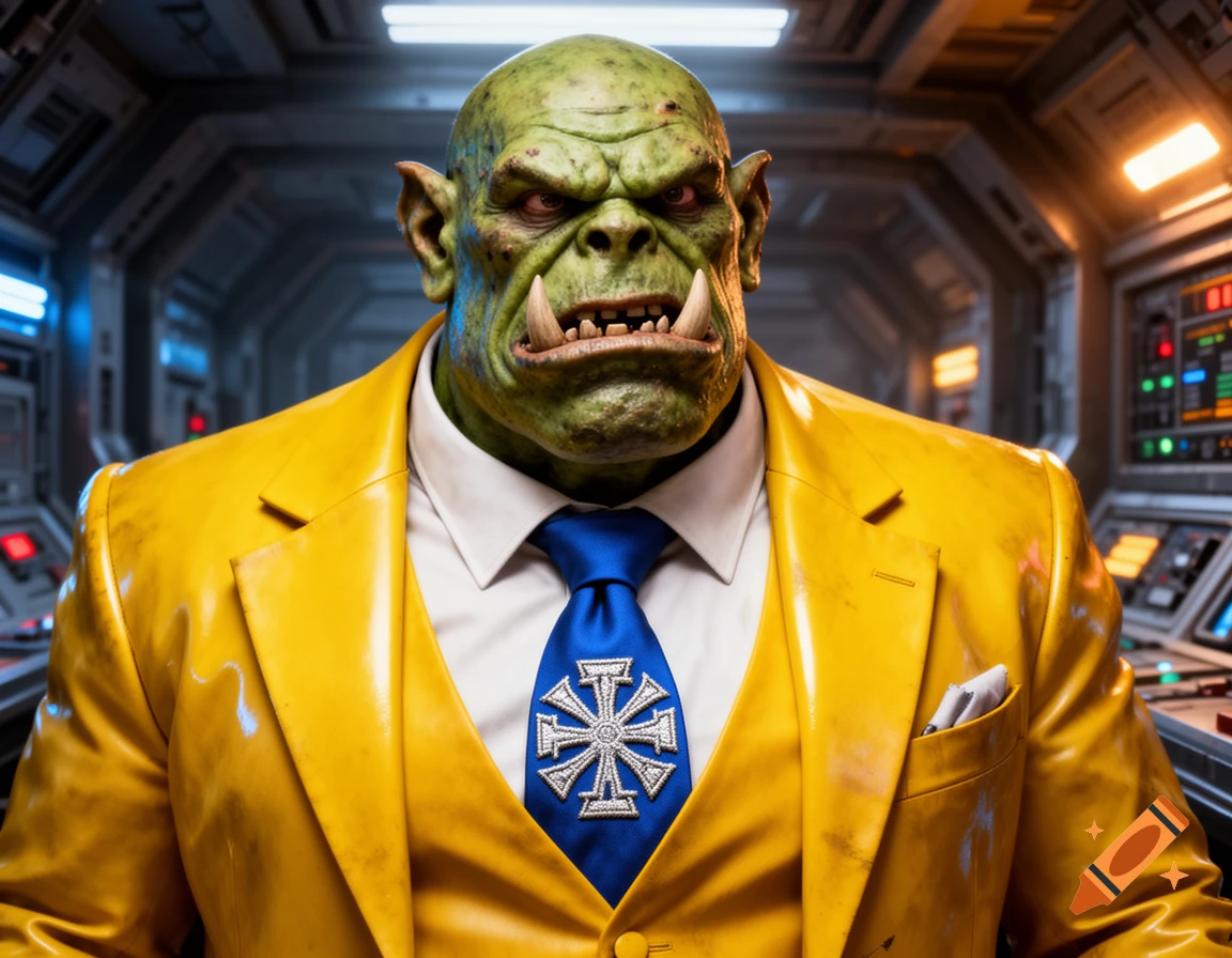 A close-up of a green-skinned Warhammer 40k Ork wearing a yellow suit, white shirt, and a blue tie with an Imperial symbol.