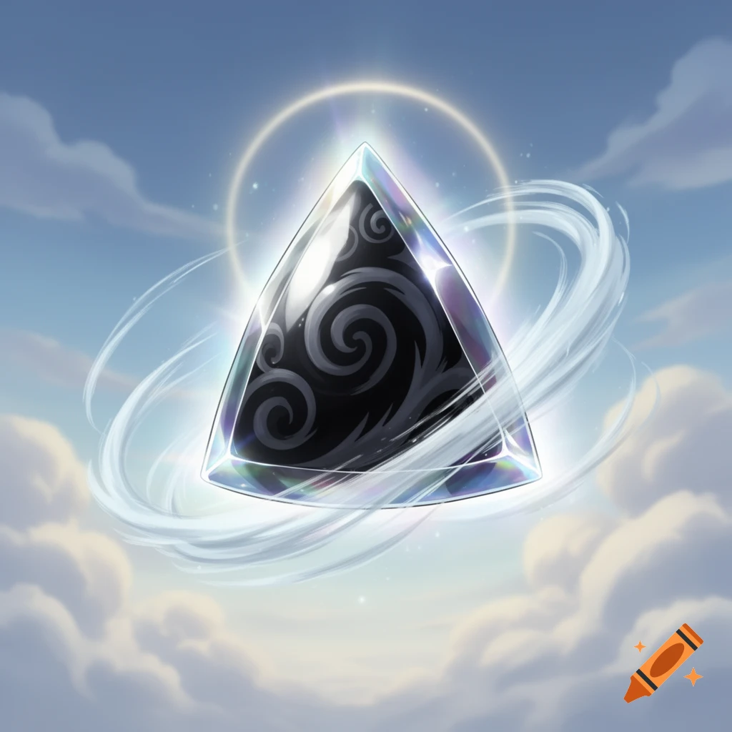 A glowing, triangular, dark crystal-like object with swirls, surrounded by white air currents, floats under a bright halo in a cloudy blue sky.