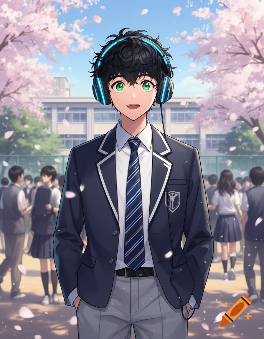 Anime boy with black curly hair and green eyes, wearing headphones and a school uniform, smiles in a cherry blossom-filled schoolyard.