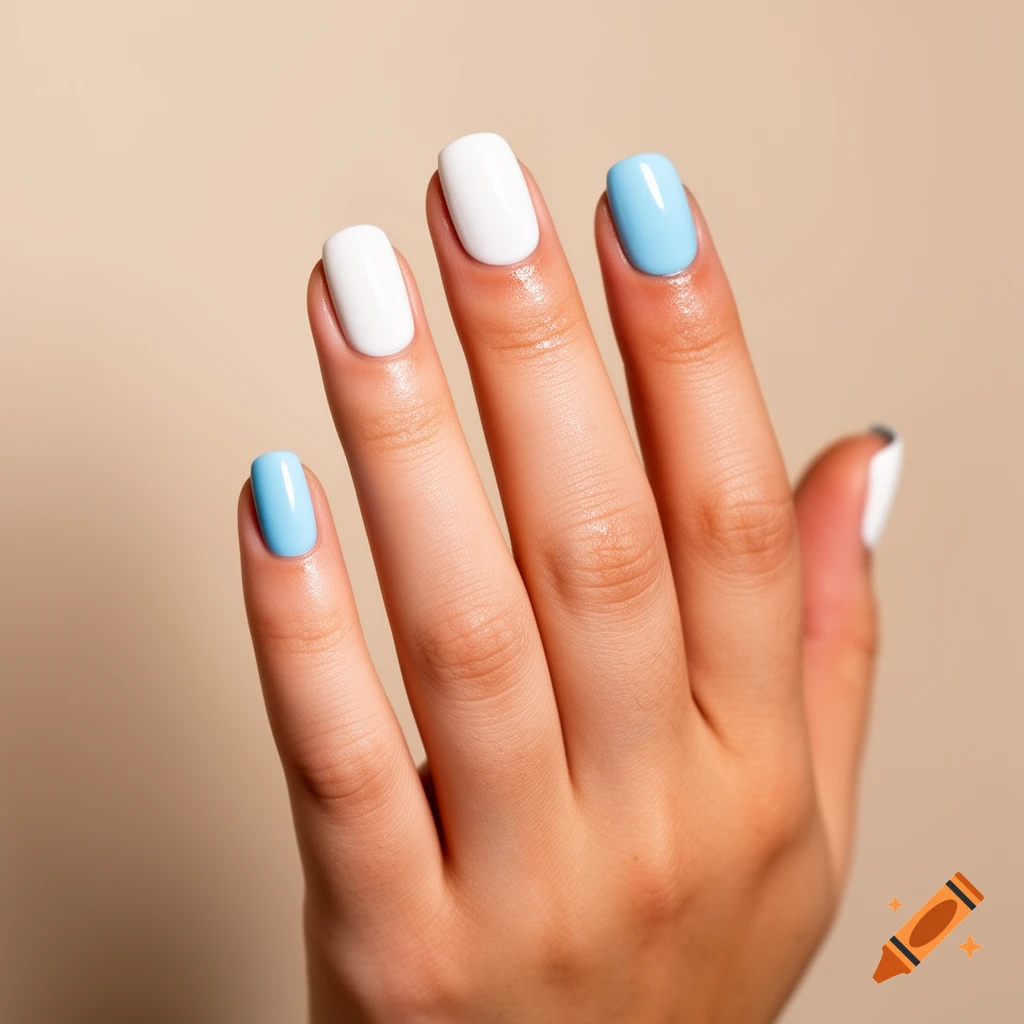 Close-up of a hand with alternating white and pastel blue nail polish on a neutral background.