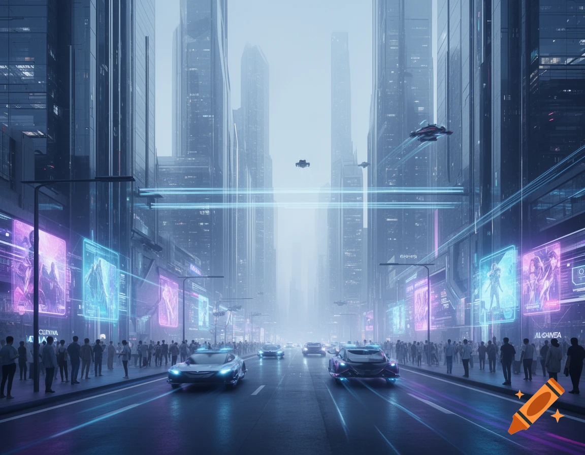 A wide street in a futuristic city with towering skyscrapers, glowing holographic ads, people on sidewalks, sleek cars, and flying vehicles.