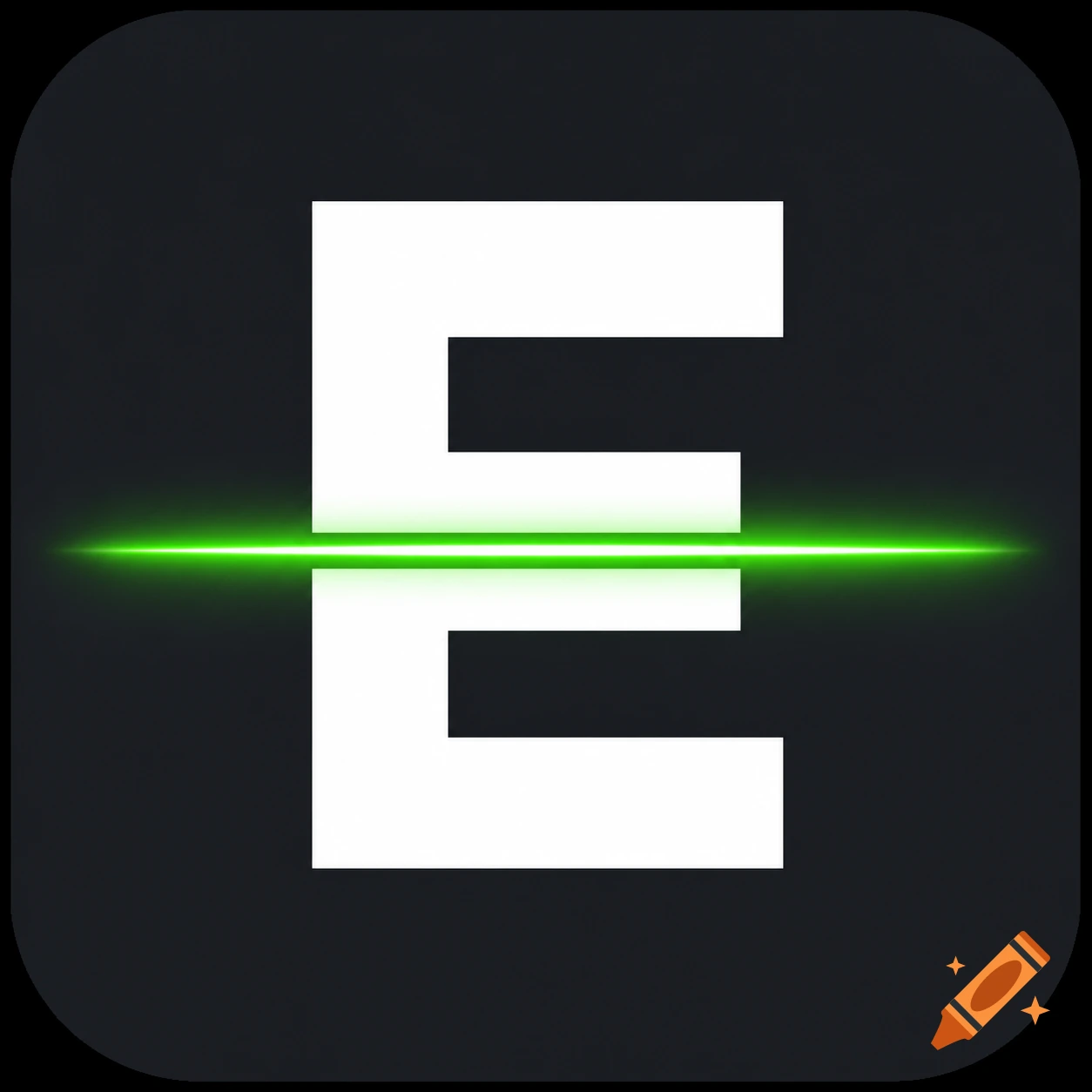 A minimalist flat 2D app icon featuring a bold white capital letter 'E' horizontally sliced by a neon green glowing scan line on a dark charcoal grey background.