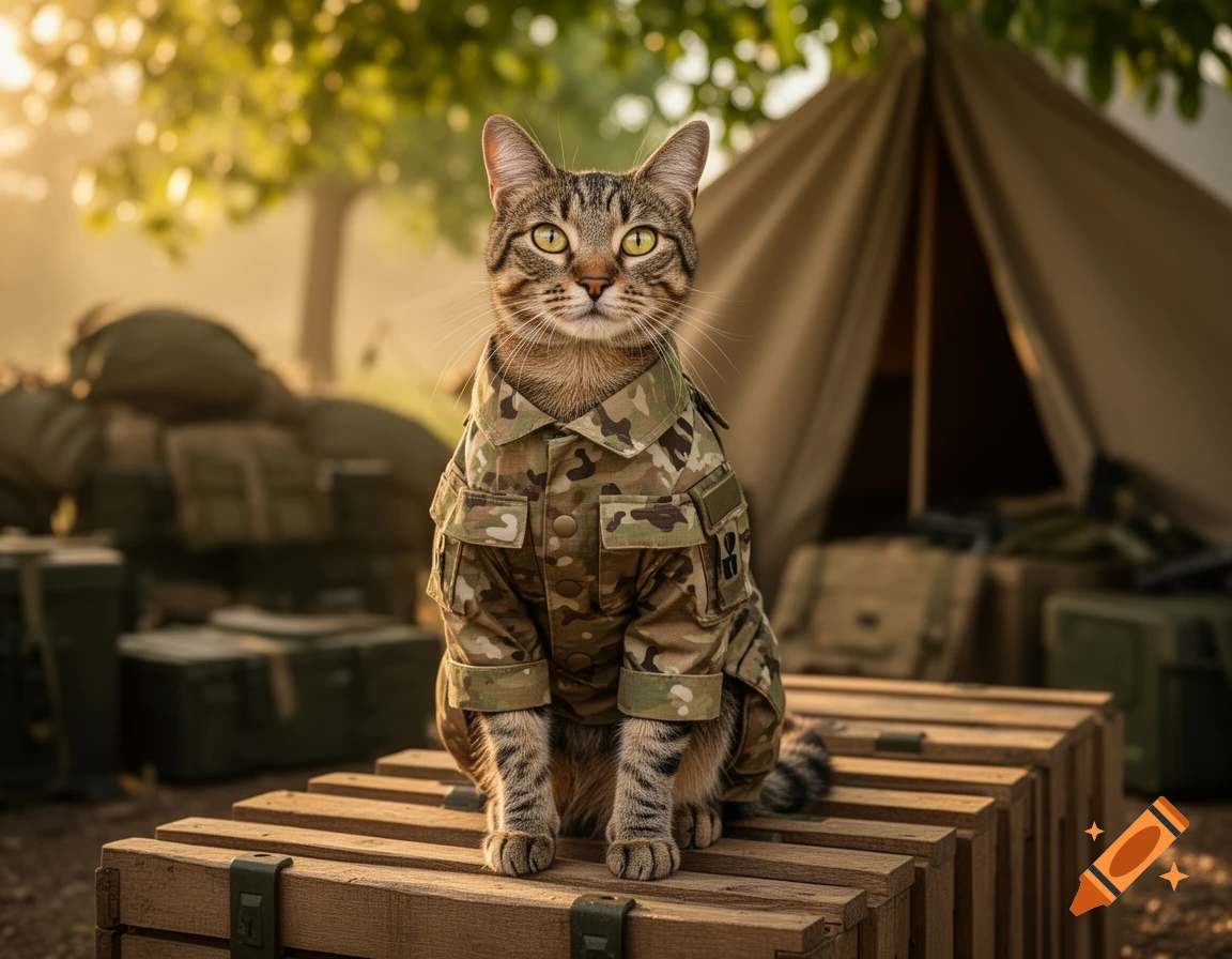 A photorealistic tabby cat in a camouflage army uniform sits on wooden crates in a military camp.