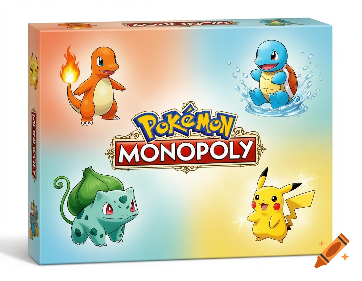 A colorful box for Pokémon Monopoly featuring Charmander, Squirtle, Bulbasaur, and Pikachu on a gradient background.