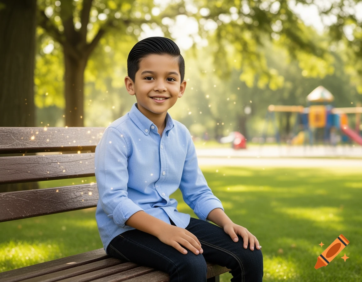 A smiling young boy with dark hair, wearing a light blue shirt, sits on a wooden bench in a sunny park.