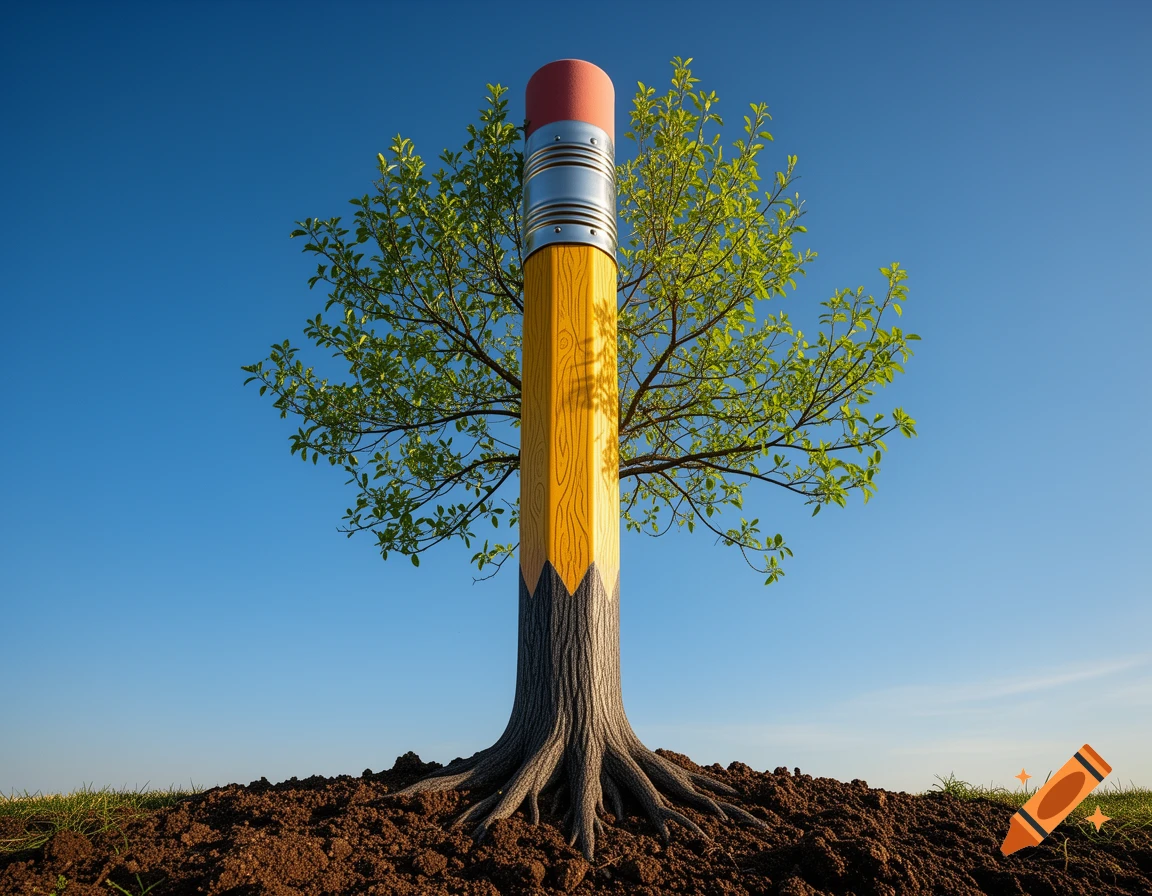 A giant yellow pencil with an eraser top and metal ferrule, transforms into a tree with green leaves and thick roots, growing from brown soil under a clear blue sky.