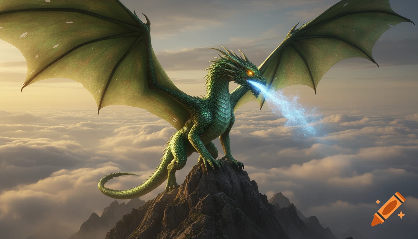 A majestic green dragon with large wings and glowing golden eyes stands on a mountain peak, breathing blue fire above clouds.