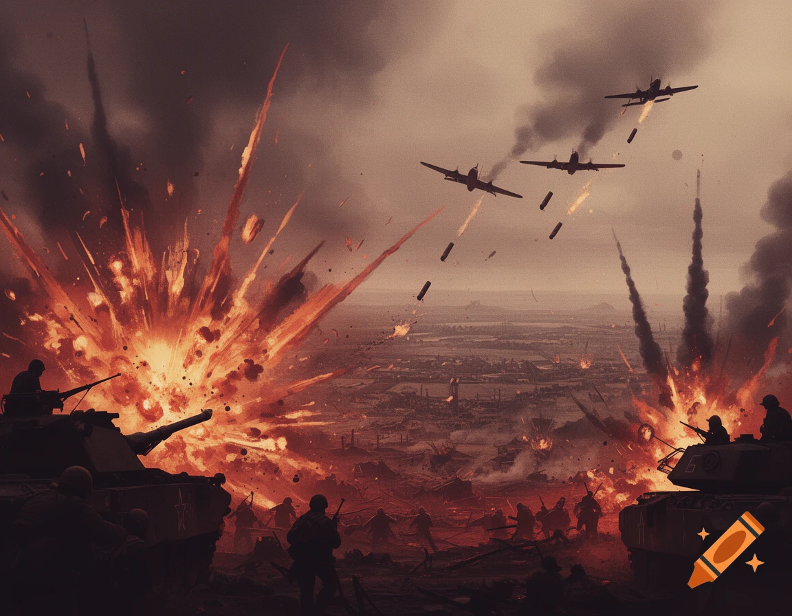 Dramatic illustration of a war zone: tanks and soldiers amidst massive explosions, with planes bombing a distant city.
