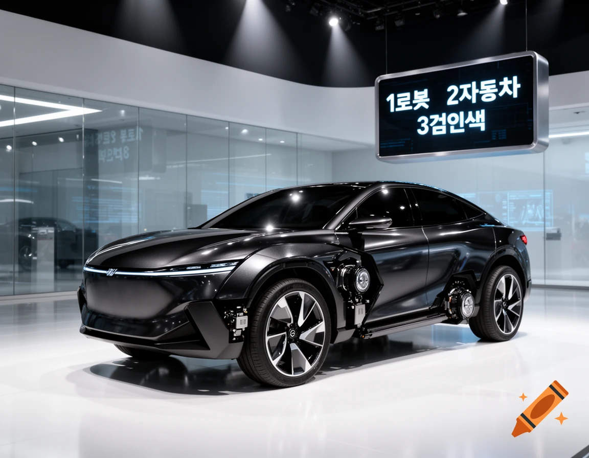 A futuristic black robot car with exposed mechanical parts, on display in a brightly lit showroom under a sign with Korean text.