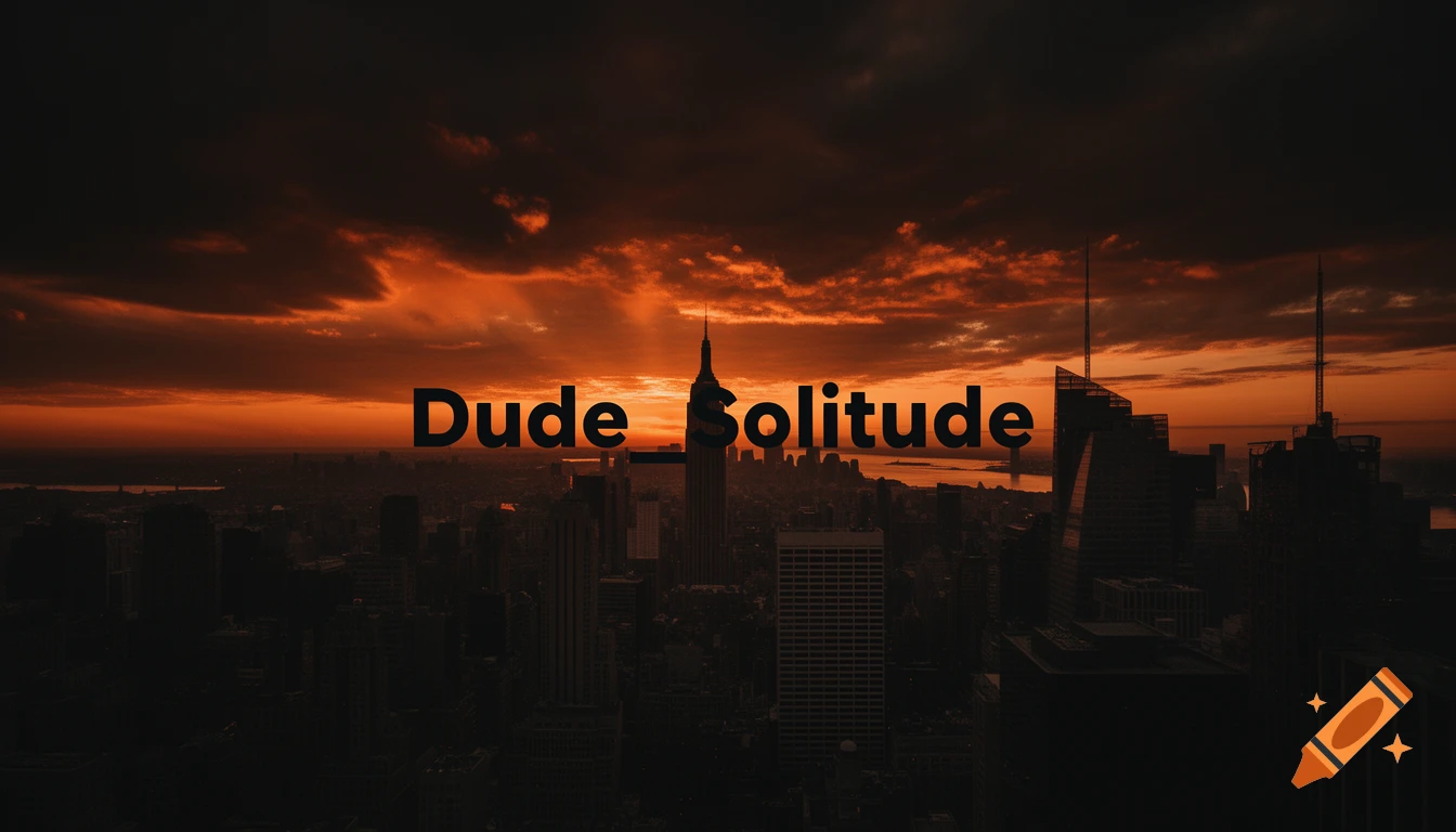 Dark orange sunset over a metropolitan city skyline with ominous clouds. The words 'Dude Solitude' are centered.