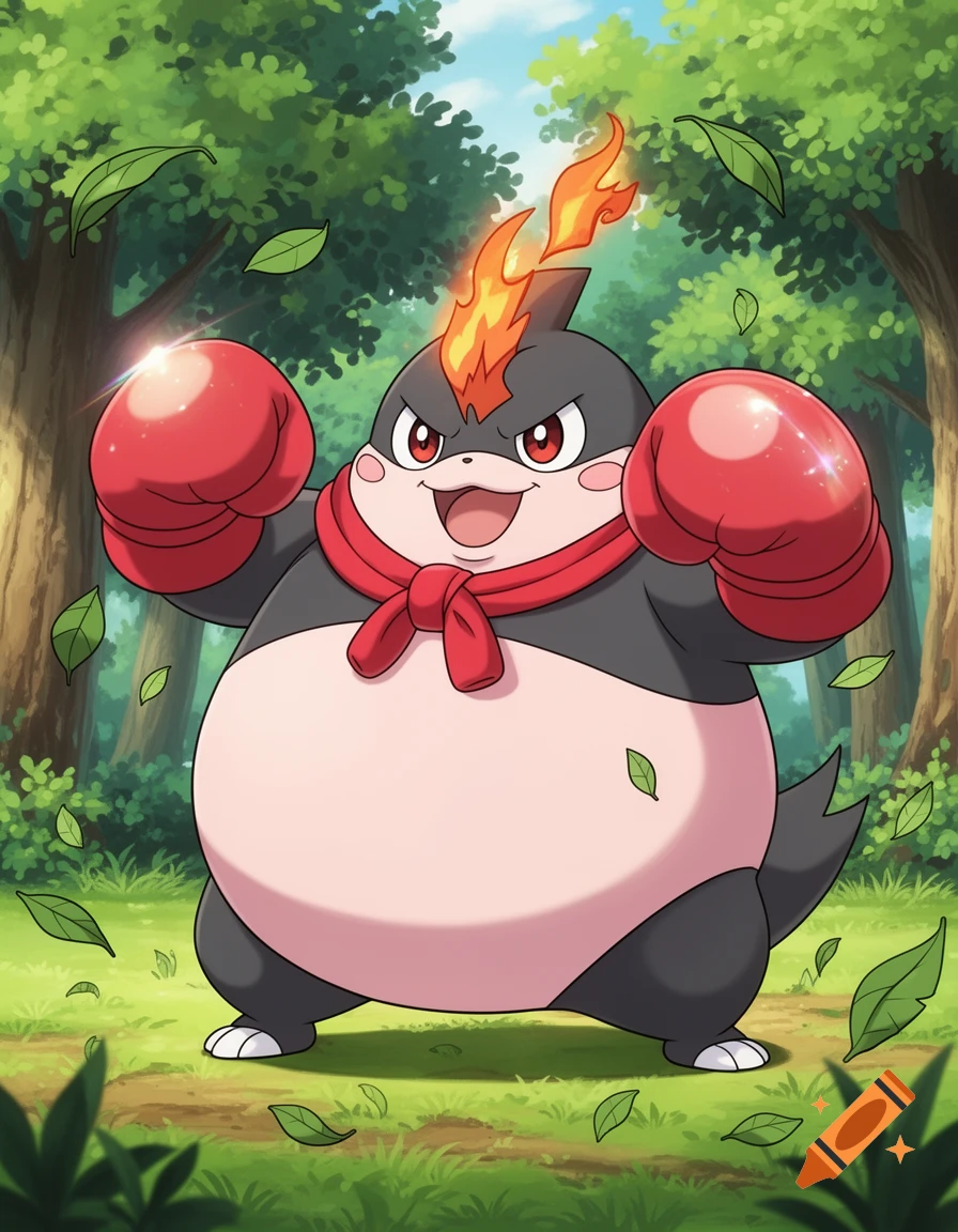A round, dark gray and pink creature resembling a Pokémon, with a fiery crest and red boxing gloves, stands in a forest with falling leaves.
