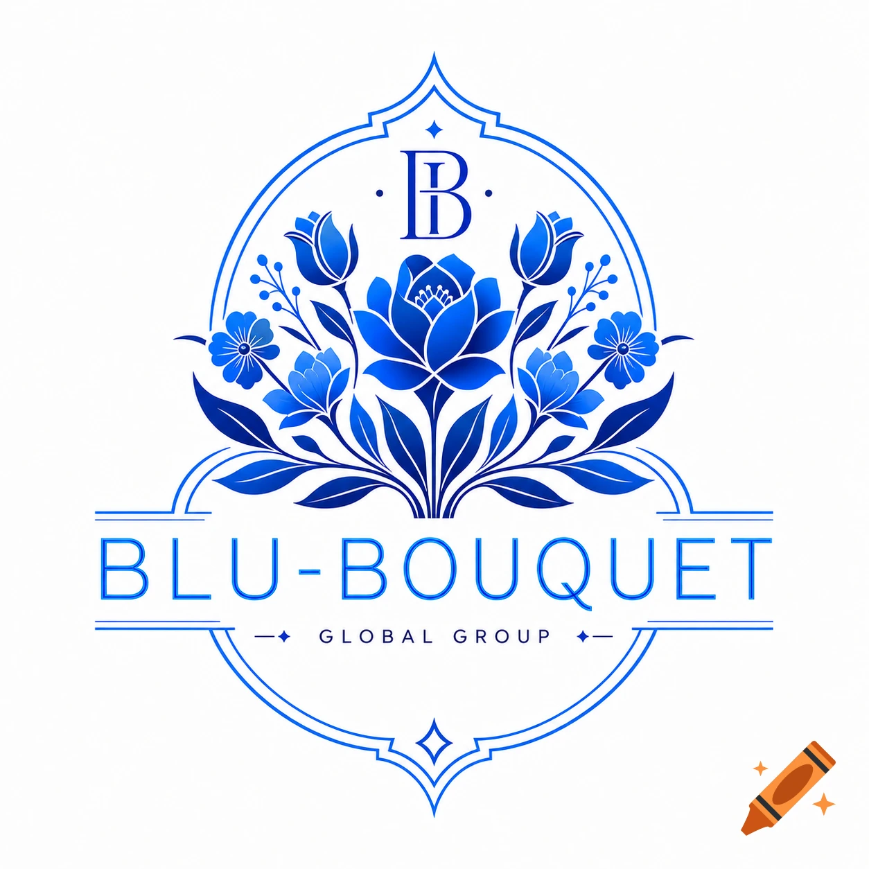 A flat minimalist graphic badge logo featuring a blue flower bouquet with the text "BLU-BOUQUET GLOBAL GROUP" and a prominent "B" initial, on a white background.