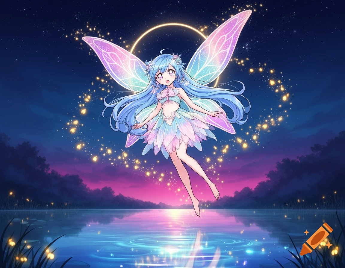 Beautiful anime fairy with sparkling pink and blue wings flying above a glowing lake under a starry night sky.