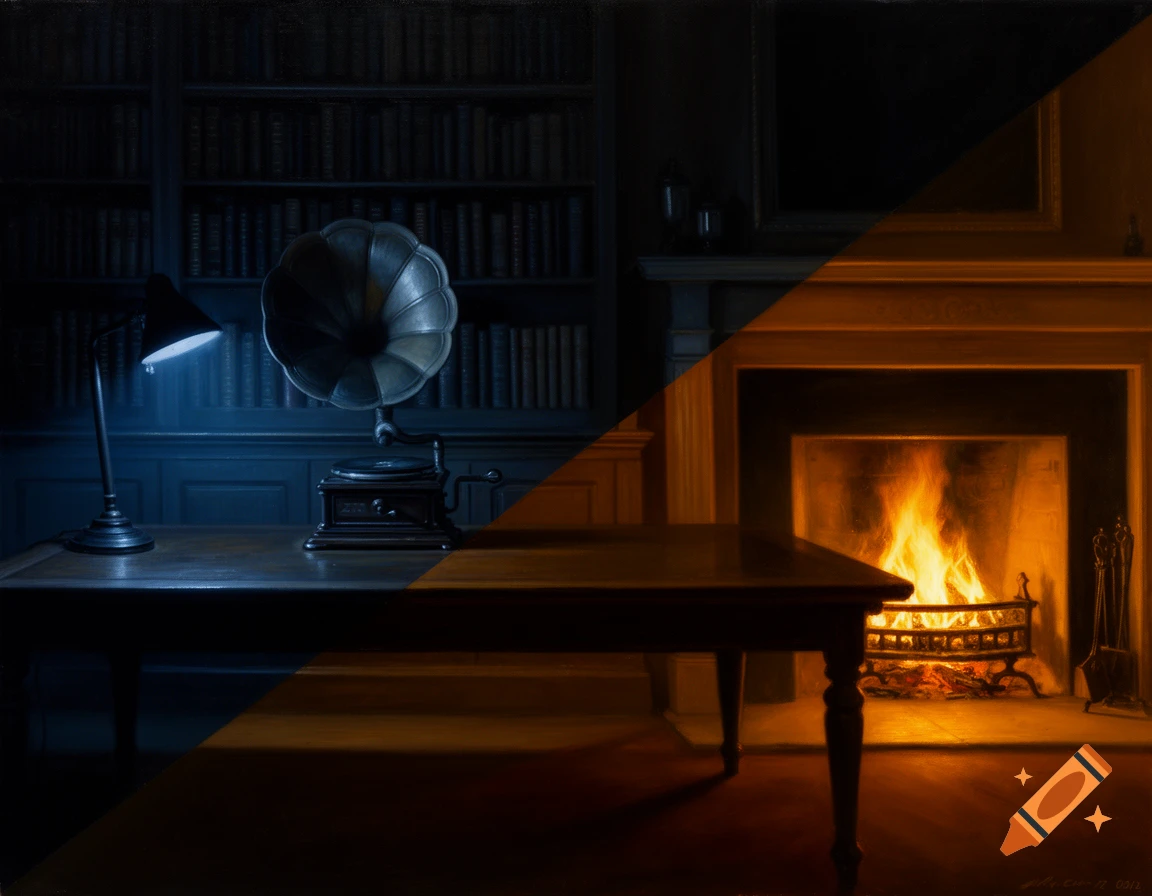 An oil painting of a living room split diagonally by lighting, with a cool-toned desk lamp illuminating a gramophone and bookshelf on the left, and a warm fireplace on the right.