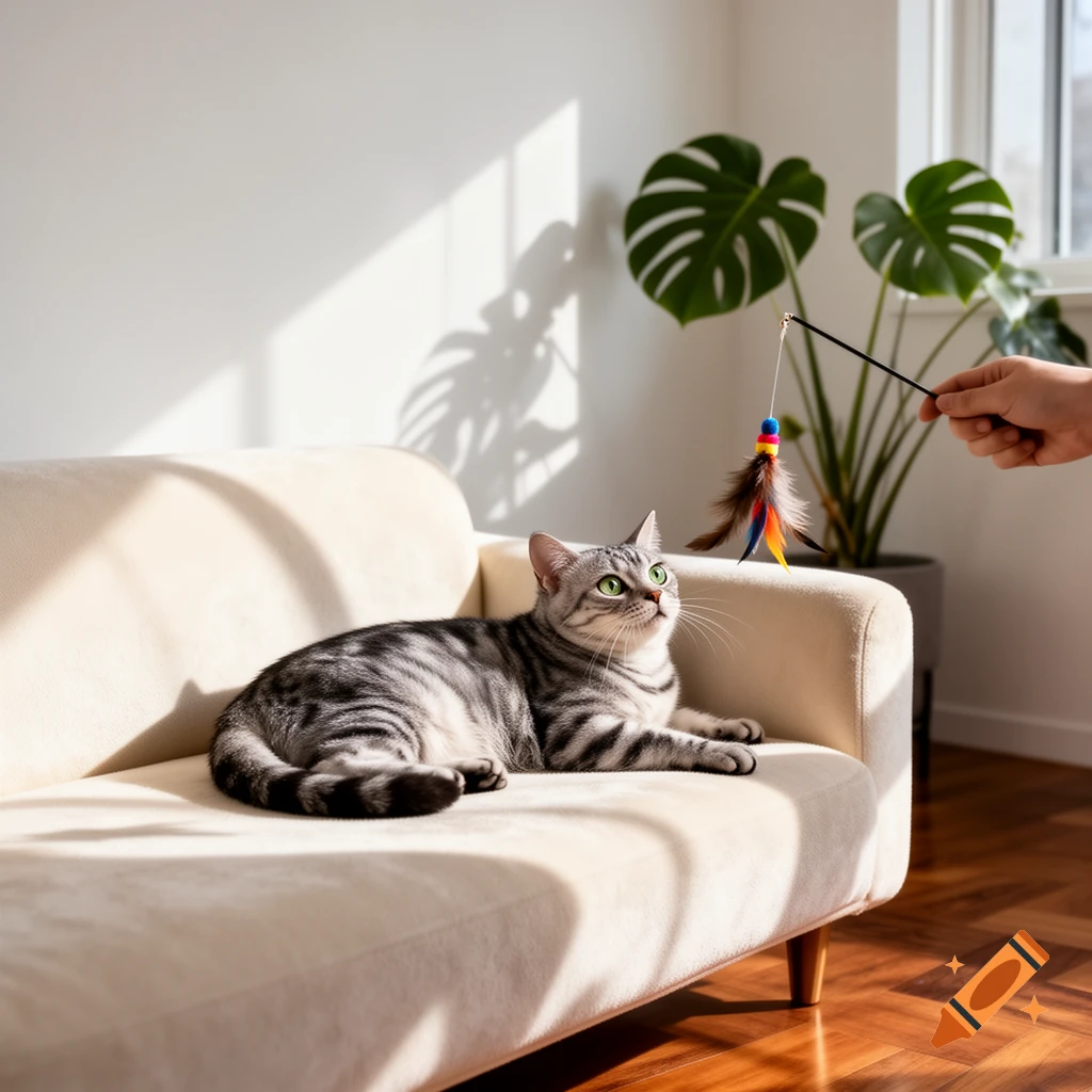 A striped tabby cat with green eyes lies on a light-colored sofa, watching a feather toy held by a hand. Photorealistic.