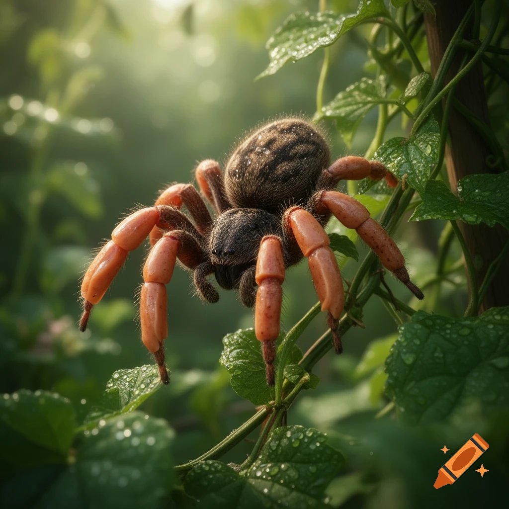 A photorealistic spider with thick, segmented orange legs and a hairy brown body rests on green leaves covered in dew drops.