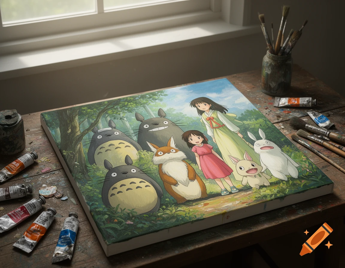 A Ghibli-style painting of Totoro, two girls, rabbits, and a fox in a forest, lying on a wooden table with paint tubes and brushes by a window.
