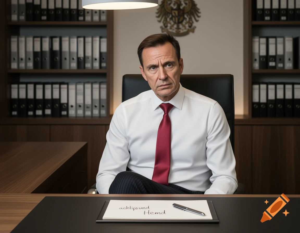 A serious-looking man in a white shirt and red tie sits at an office desk, with a paper on the desk reading "achlips und Hemd".