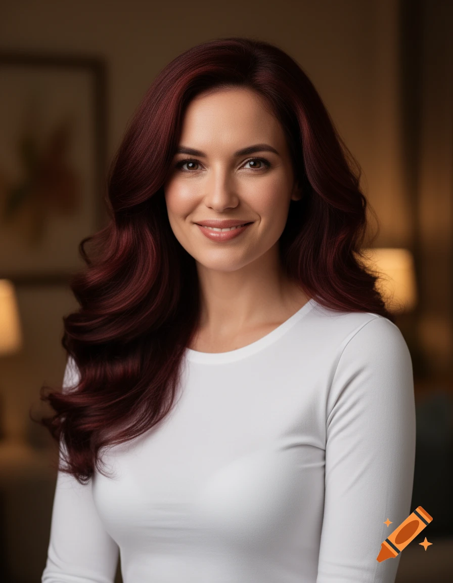 Photorealistic portrait of a smiling woman with long, wavy dark red hair wearing a white long-sleeved shirt.