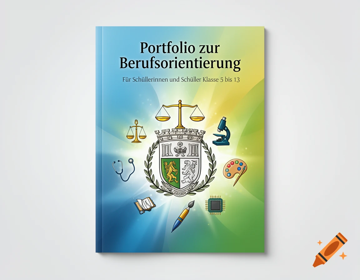 A book cover for a career orientation portfolio, titled 'Portfolio zur Berufsorientierung' with a blue and green gradient background and various symbols like a stethoscope, microscope, scales of justice, and a paint palette.
