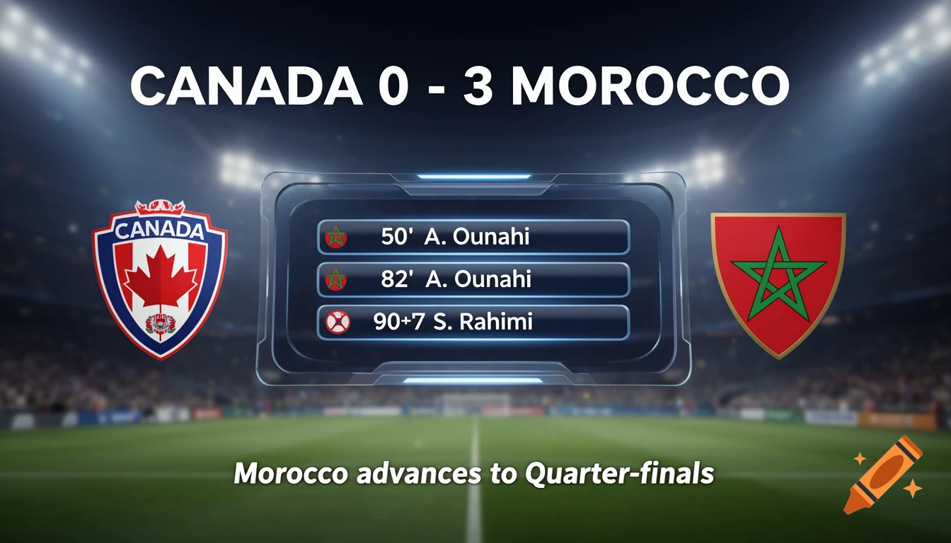 A sports infographic showing a FIFA World Cup match summary: Canada 0 - 3 Morocco. Morocco advances to Quarter-finals. Includes team logos and goal scorers.