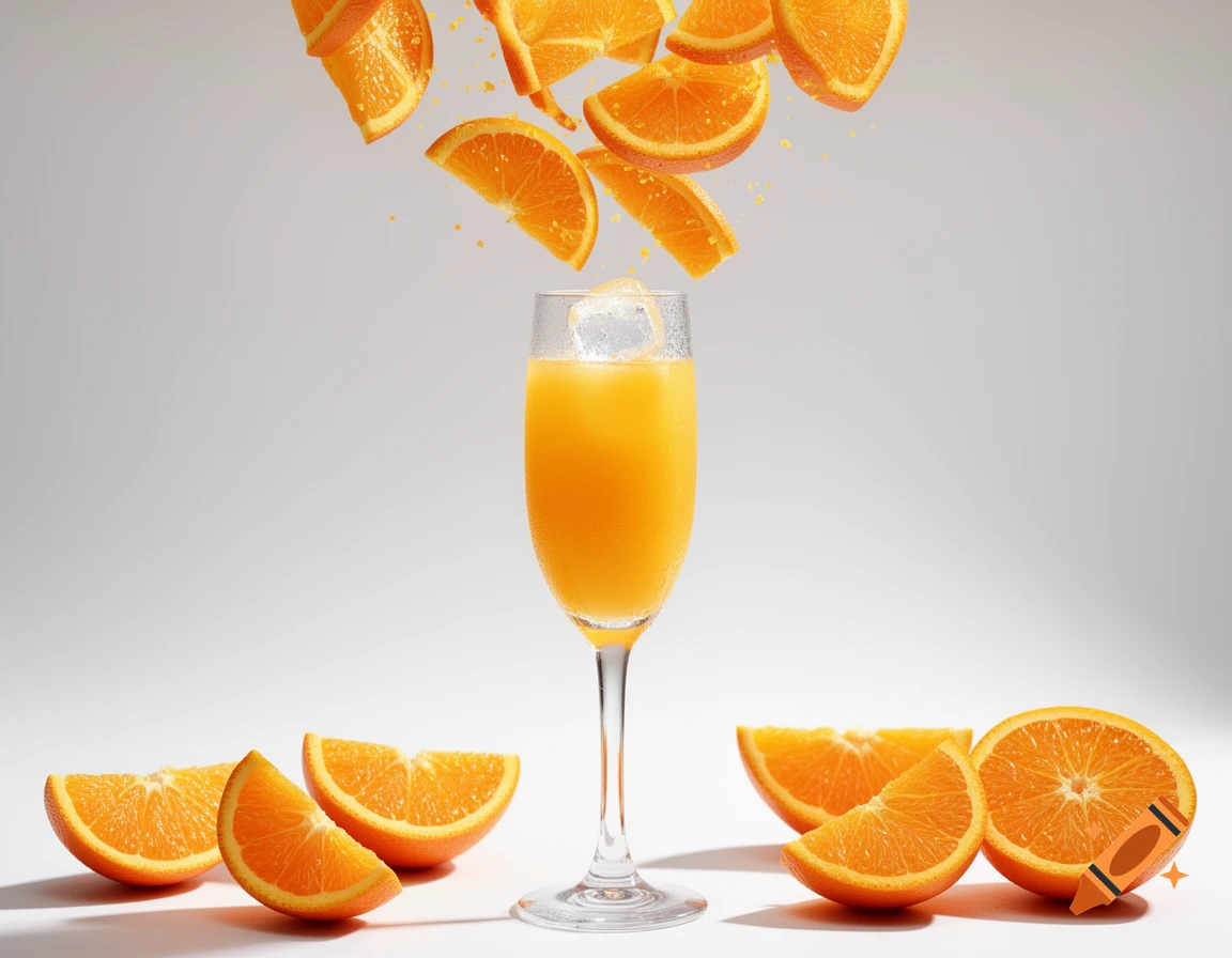 A tall glass of orange juice with ice, surrounded by orange slices, with more slices falling from above.