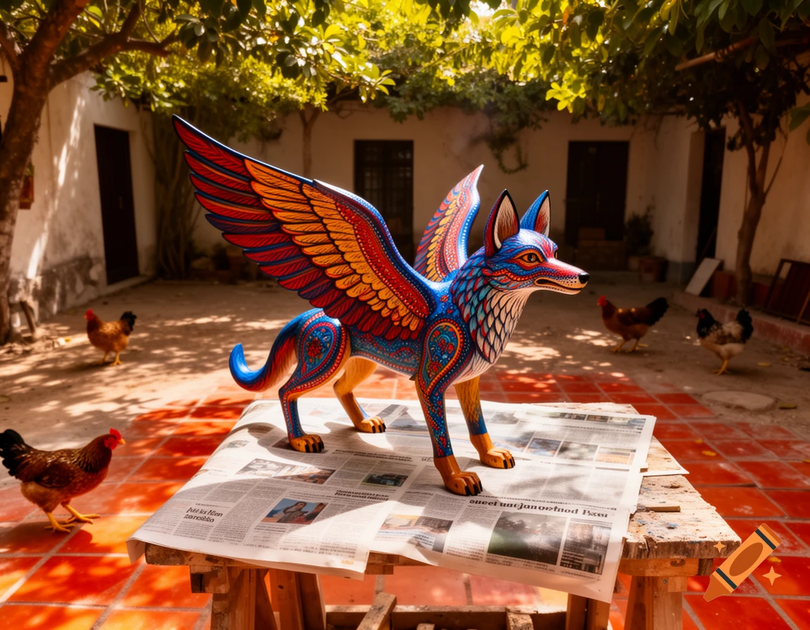 A colorful, hand-painted Oaxacan alebrije of a winged coyote on a newspaper-covered table in a sunny courtyard with chickens.