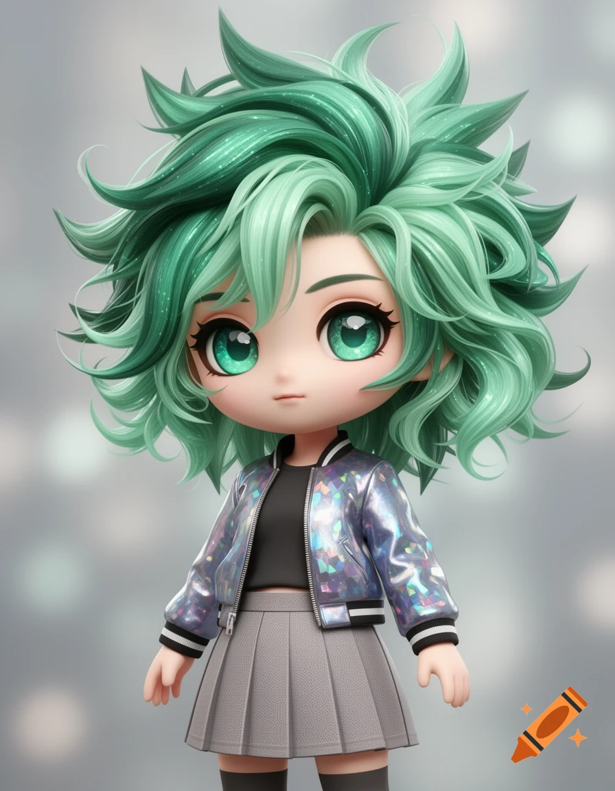A cute chibi character with spiky mint green hair and emerald eyes, wearing a holographic bomber jacket and pleated skirt.