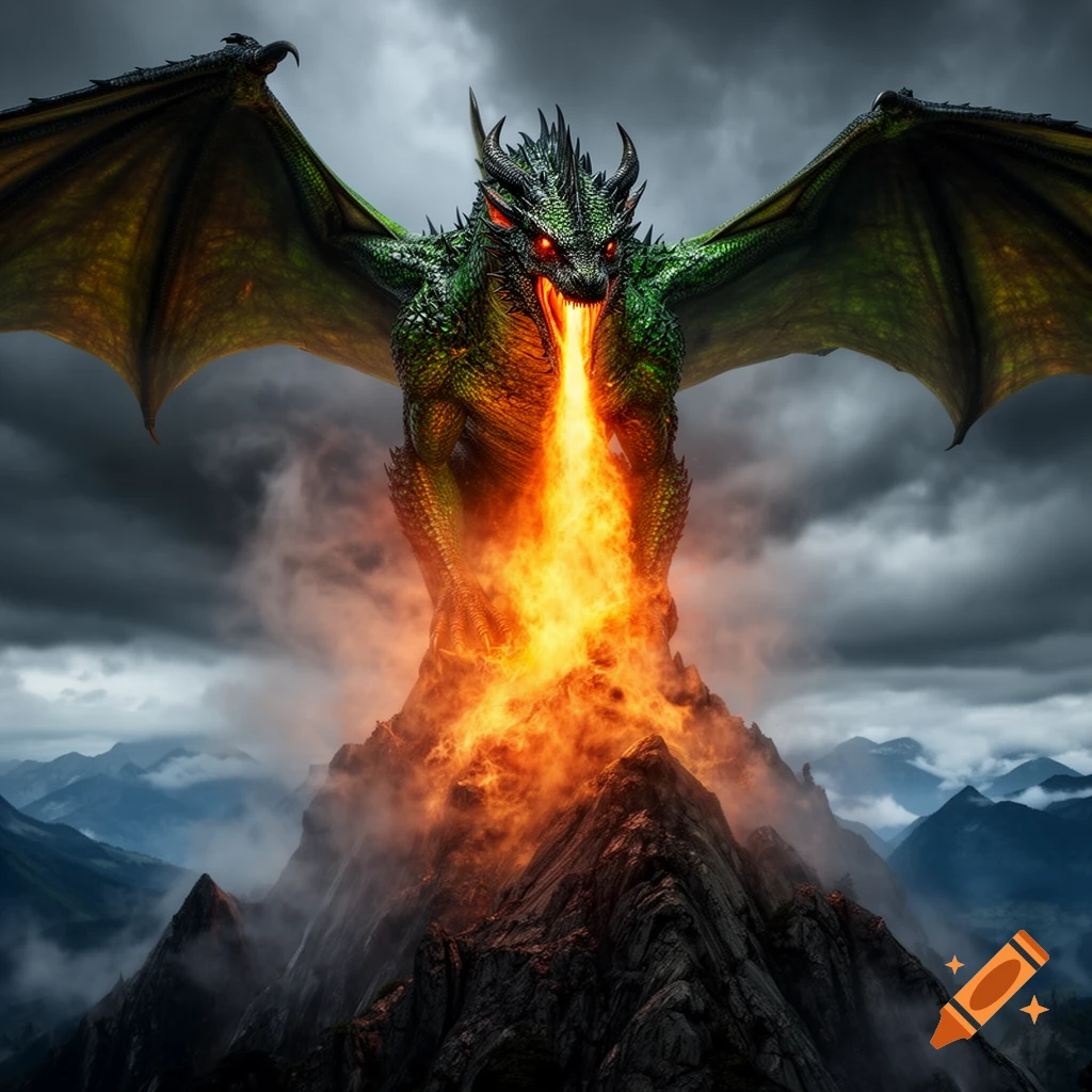 A fierce green dragon with red eyes breathes a torrent of orange fire over dark, craggy mountains under a stormy sky.