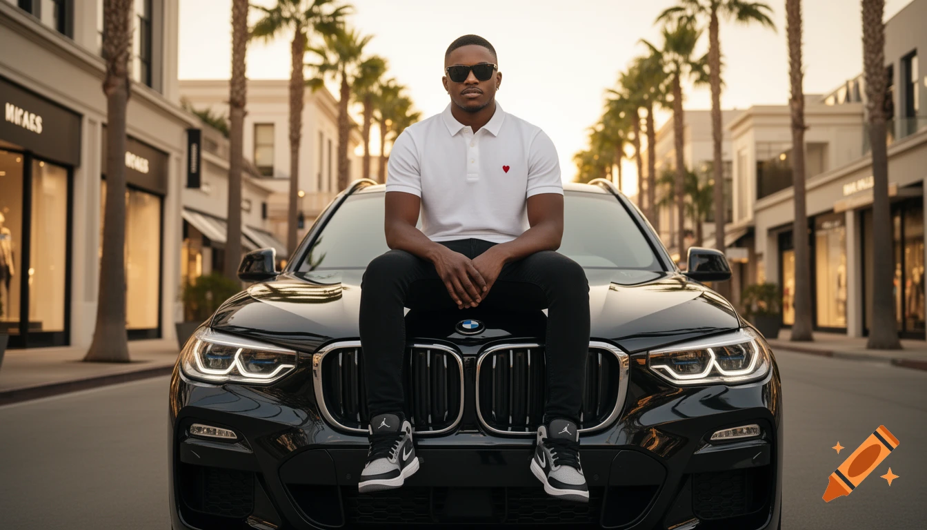 A stylish Black man in sunglasses sits confidently on the hood of a glossy black BMW SUV on a luxury shopping street.