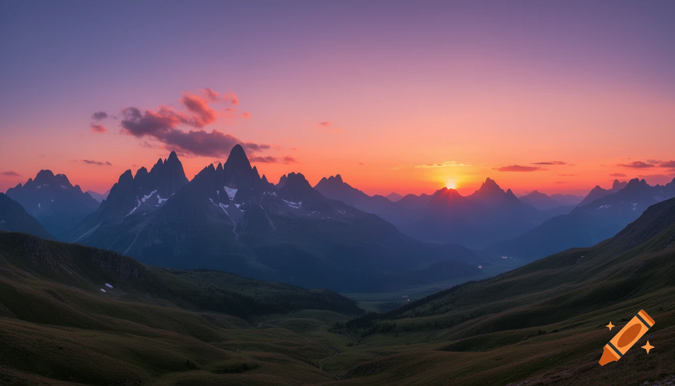 A vibrant sunset over jagged mountain peaks and rolling green hills.